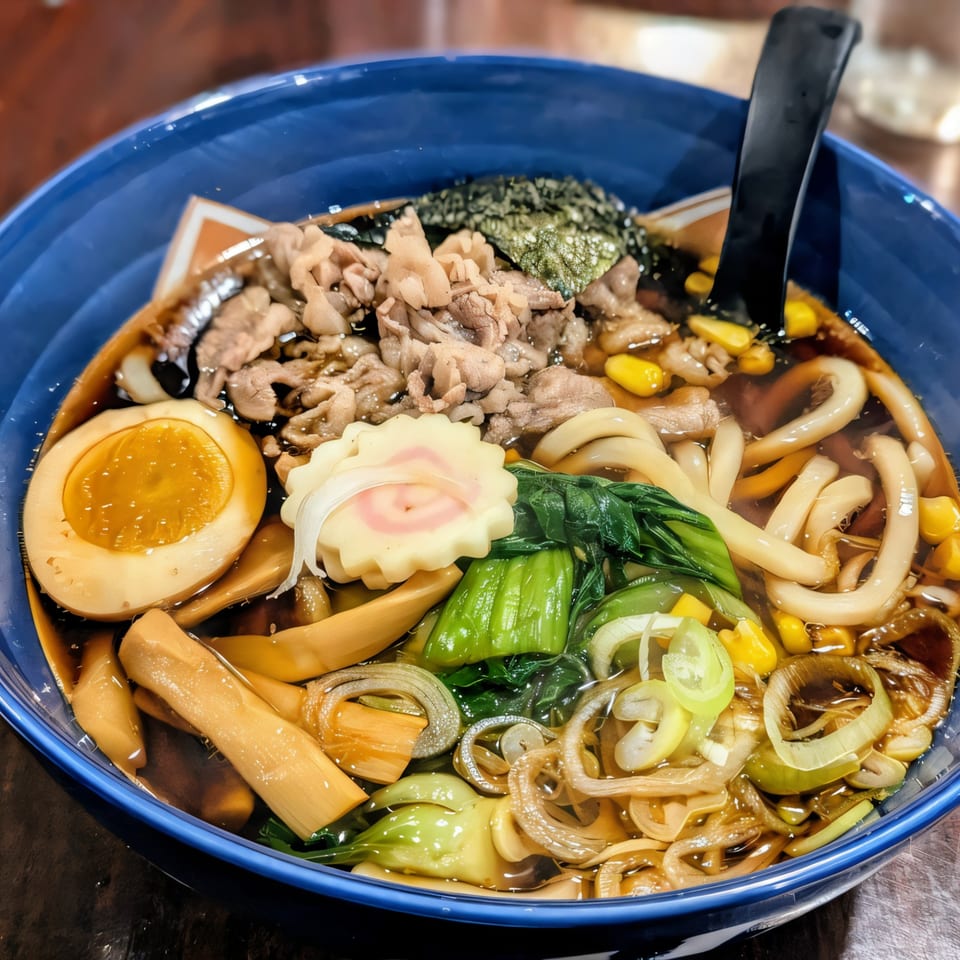 Donburiya Cafe's Japanese ramen with beef, egg, vegetables, and noodles in a blue bowl.