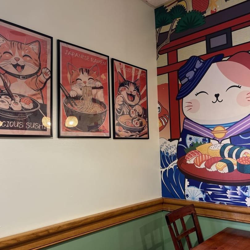 Japanese-themed wall art with cat illustrations enjoying sushi and ramen, and a large cat mural.