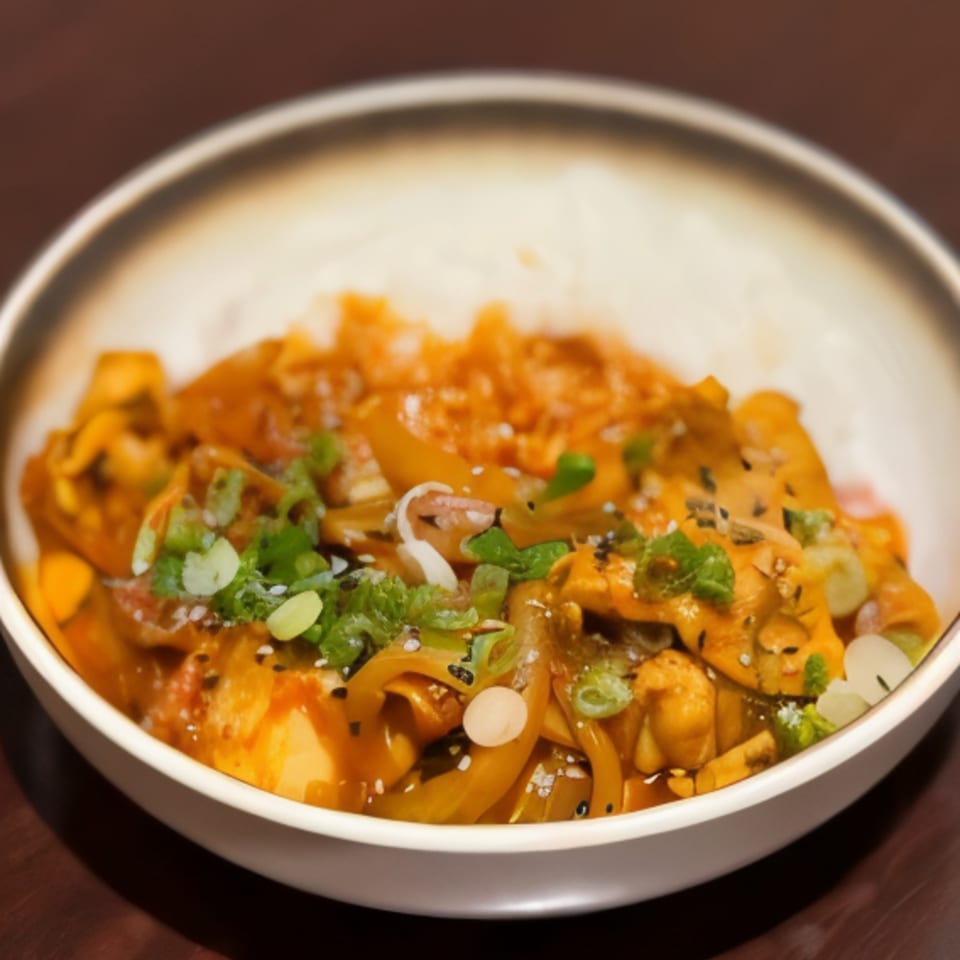 Donburiya Cafe's Japanese donburi bowl with chicken, vegetables, and rice, garnished with green onions.