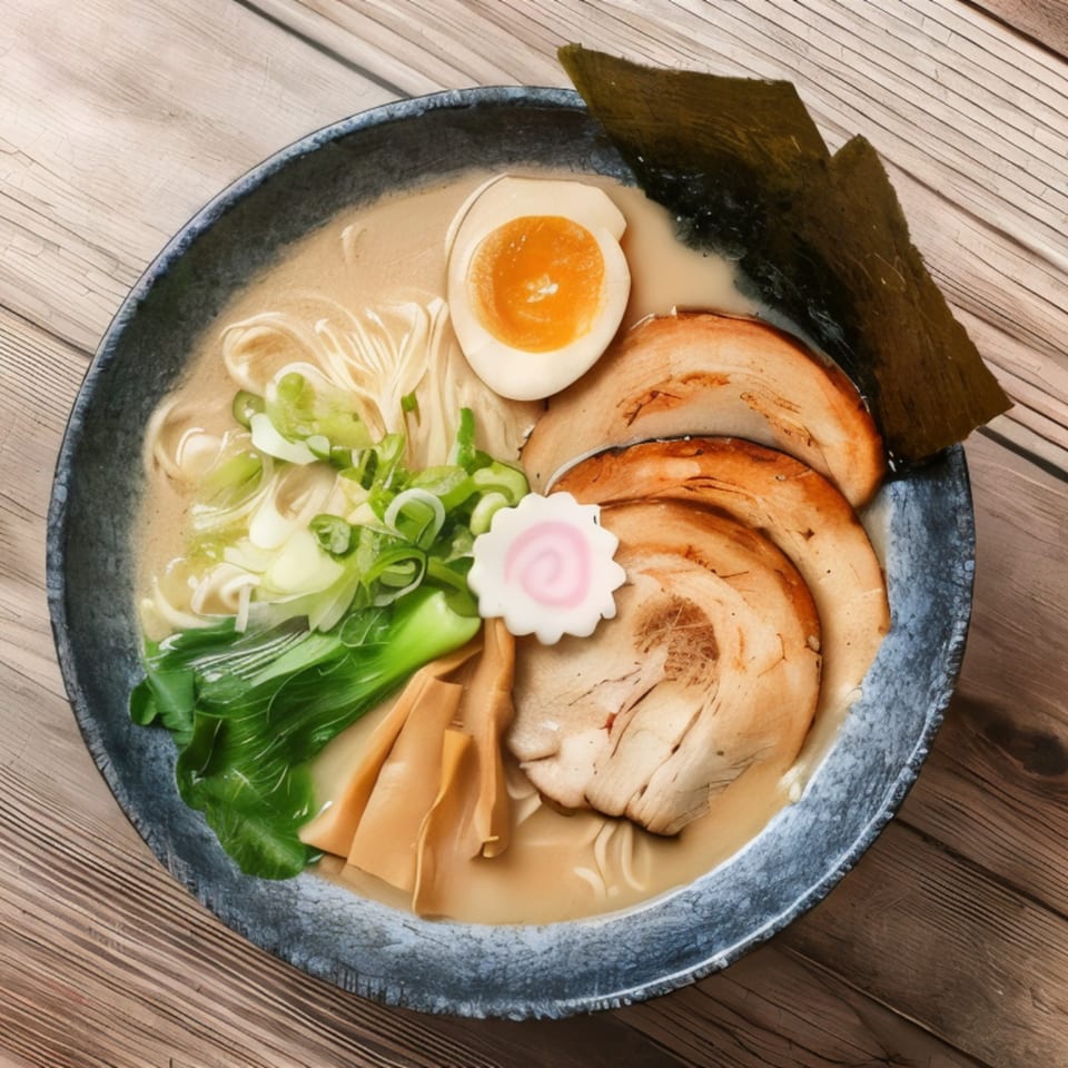 A bowl of Donburiya Cafe ramen with pork, egg, bok choy, scallions, bamboo shoots, and nori.